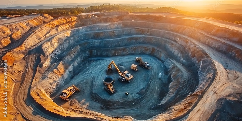 Fototapeta premium Open pit mine with heavy machinery excavators trucks and haulers working earth.
