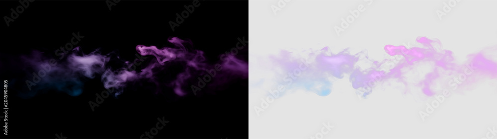 Obraz premium Purple and blue smoke cloud floating isolated on transparent and black background, during daytime in a digital space