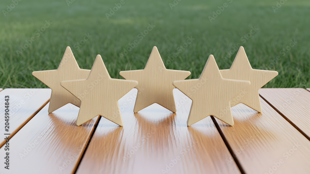 Fototapeta premium A set of wooden stars on a table in a grassy field with a natural background