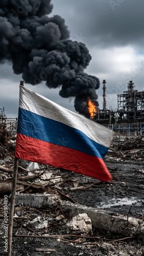 A Nation's Scar: A Russian flag stands defiantly amidst the ruins of industrial devastation, with plumes of black smoke and fire erupting in the background.