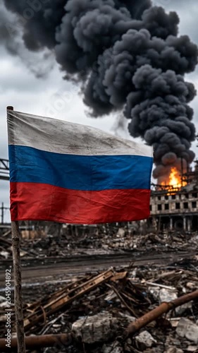The Russian Flag Flies Over Devastation: Amidst the rubble of destroyed buildings and thick plumes of black smoke billowing into the sky, a Russian flag stands defiantly.