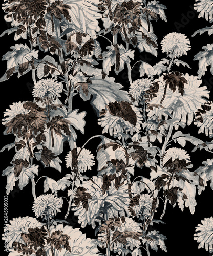 Small flowers and stems floral pattern in brown monochrome tones on black background. Wallpaper, bedding, textile, apparel fabric, poster, home decor, package