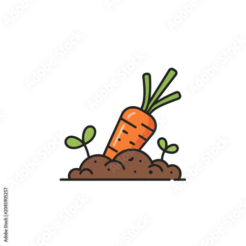 Cartoon Carrot Growing in Soil with Small Plants.