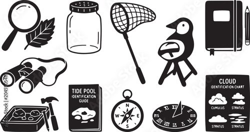 Bild auf Leinwand Black and white line of tide pool guide, cloud chart, and sea star diagram line