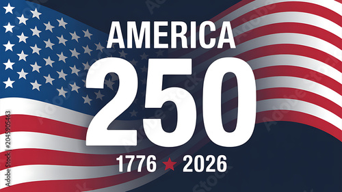 America 250 anniversary banner featuring bold sans serif typography over blue and red waving flag background for independent celebration event showing dates seventeen seventy six to now.