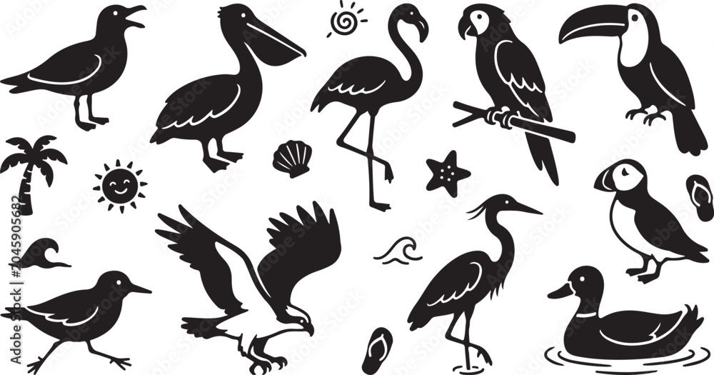 Fototapeta premium Black and white of various birds in flight and perched on branches swallow