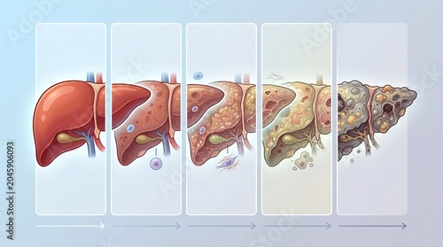 Progressive stages of liver damage medical illustration health education clinical environment informative viewpoint visual awareness