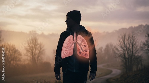Person silhouette with visible lungs nature landscape health awareness morning fog side view breathing life concept