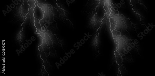 Lightning storm background with electric flashes on black, dramatic night sky