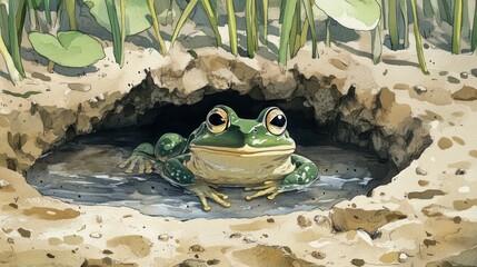 Frog in a burrow, wildlife illustration