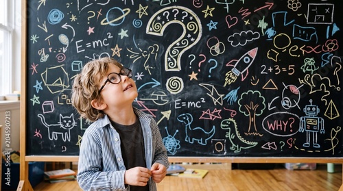 Curious child with glasses classroom educational illustration creative environment upward angle inspiring imagination