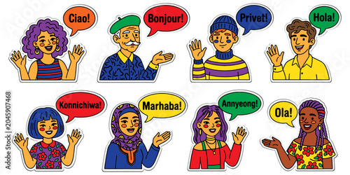 Tableau sur toile Multilingual greeting diverse cartoon character bust sticker set with ciao, bonj