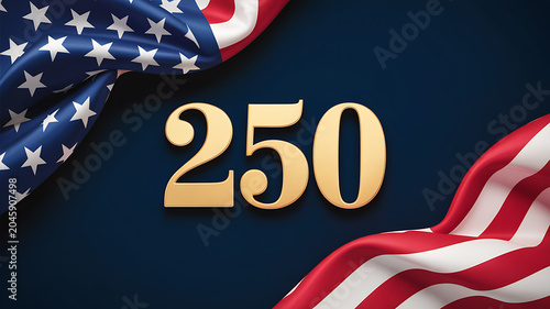 Patriotic concept design featuring large gold number 250 with elegant American flag ripples on dark blue background creating festive atmosphere for national anniversary celebration event.