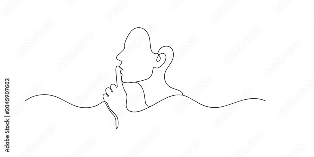 Obraz premium One line drawing of person placing finger on lips. Continuous line of silence gesture. Privacy and secrecy concept. single line art vector illustration.