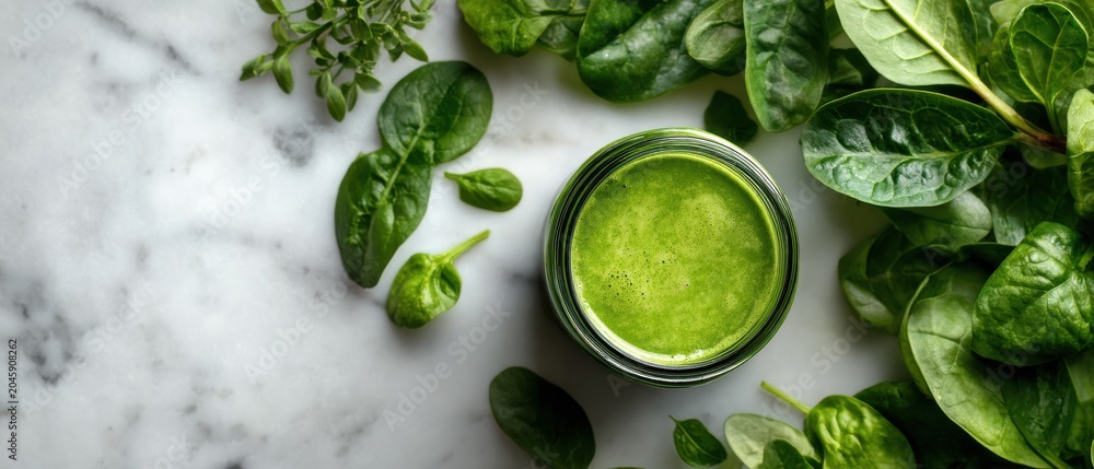 Obraz premium Fresh green smoothie made with kale and spinach on marble surface