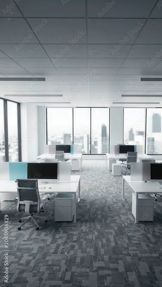 Fototapeta premium Modern office space with white desks and computers transitioning into a high-tech environment filled with digital data streams and illuminated circuits overhead