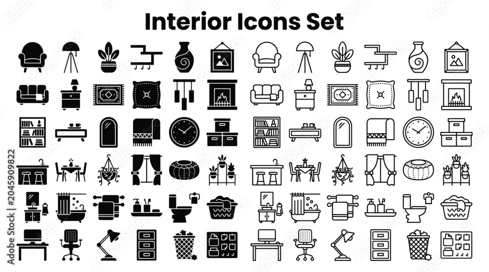 Obraz premium Interior Icons Set Illustrates Various Home Decor Items and Furniture