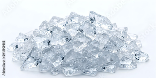 Pile of jagged translucent ice shards with small air bubbles, isolated on white background
