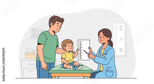 Doctor checking child's growth chart with father in clinic, healthcare concept