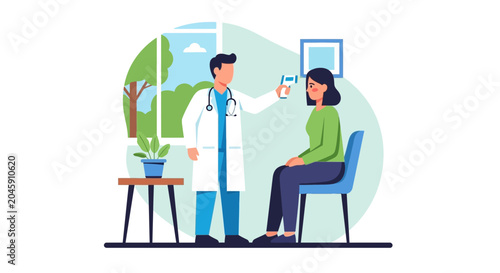 Doctor checking patient's temperature with infrared thermometer in clinic examination room