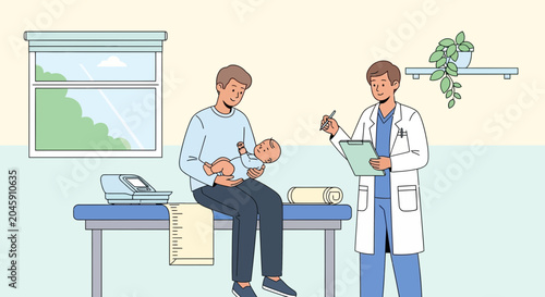 Doctor checks baby health with father in clinic, medical examination, pediatric care