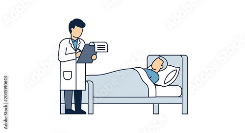 Doctor checks on patient in hospital bed, medical examination and care concept