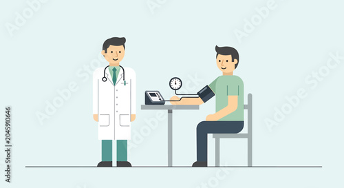 Doctor checks patient's blood pressure at table, medical checkup, healthcare concept