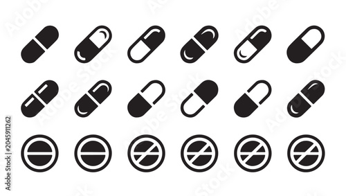 Bild auf Leinwand Black capsule and tablet icons set on transparent background for pharmaceutical design use