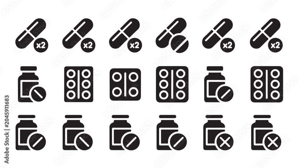 Obraz premium Pill and capsule medicine icon set isolated on transparent background medicine symbol.