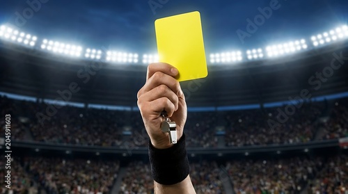 Close up of soccer referee showing yellow card warning during match