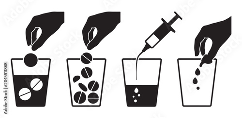 Foto Instructions for medical pill usage and liquid dosage preparation with syringe icons set
