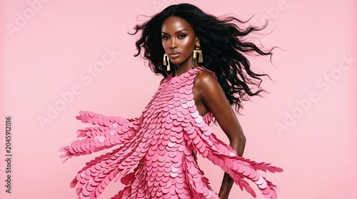 Female Fashion Model Wearing Flowing Pink Statement Dress With Circular Scale Appliqués In Studio