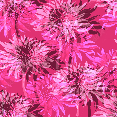 Blurred vision floral seamless pattern with transparent pink chrysanthemum flowers. Perfect for wallpaper, bedding, textile, apparel fabric, poster, home decor, package