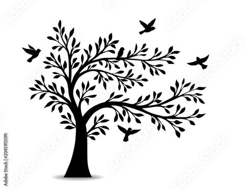 Black birds silhouette with tree branch. Sketch tree vector forest illustration. Flying birds icon pattern. Tree with leaves on white background