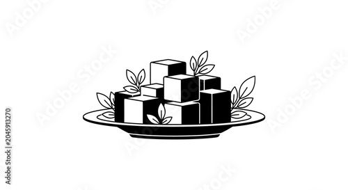 Foto Sugar cubes with leaves on a plate black and white silhouette