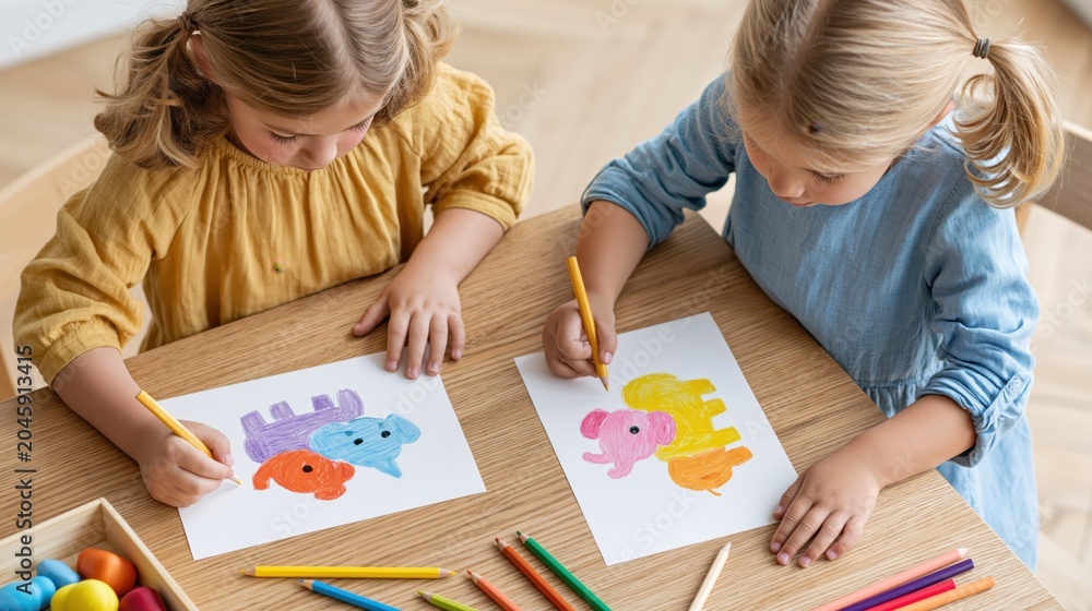 Obraz premium Two young girls drawing colorful elephants with pencils at a wooden table
