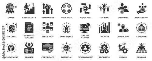 Foto Training Coaching icon set collection in glyph style, an icon pack contain training, coaching, mentorship, success, target, development, achievement, learning and more
