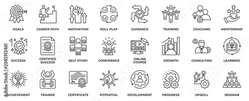 Foto Training Coaching icon set collection in outline style, an icon pack contain training, coaching, mentorship, success, target, development, achievement, learning and more