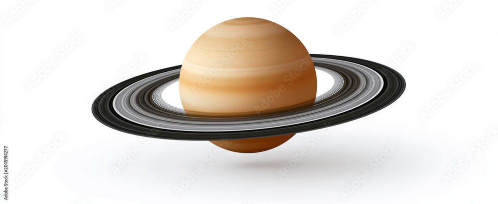 Obraz premium Vibrant close-up of Saturn and its rings on a crisp white backdrop showcasing astronomy