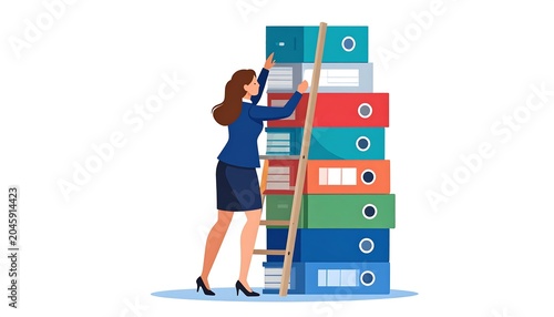 Woman climbs a ladder to reach tall stacked file folders, set against a plain white background