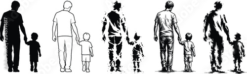 A set of diverse families walking together in silhouette against a plain background, eps vector illustration