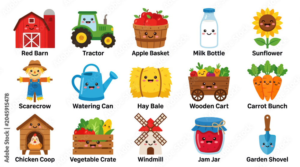 Fototapeta premium Cute Cartoon Farm Agriculture Elements Set - Flat Vector Icons for Rural Life and Farming