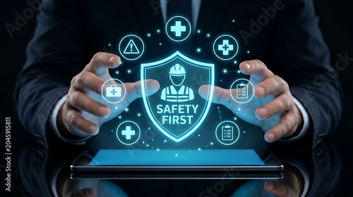 Businessman Hand showing hologram interface of safety first, Digital Workplace Safety Management Solutions for Advanced Risk Management and Occupational Health Compliance in Corporate Settings