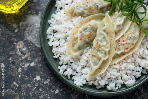 Plate of white rice with roasted dumplings and spring onion, horizontal shot on a dark-brown granite background, close-up