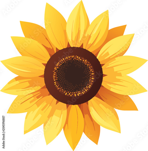 Single bright yellow sunflower blossom isolated on white background with vibrant flat vector design and cheerful summer mood