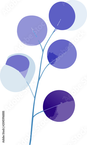 Abstract botanical branch with modern purple circular leaves in flat vector design style on clean white background