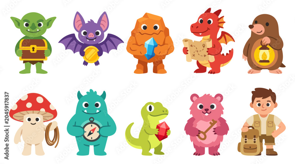 Fototapeta premium Cute Flat Cartoon Adventure and Fantasy Characters Vector Set for Treasure Hunt and Exploration Themes