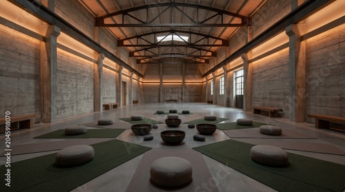 Industrial sound bath hall with raw concrete ambient wellness lighting