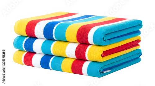 Colorful striped towels, folded beach towels, vibrant terrycloth fabrics, stack of multicolored towels isolated on Transparent Background