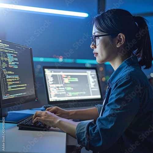 Woman coding at night on multiple monitors. Dark blue tones with city lights visible through the window